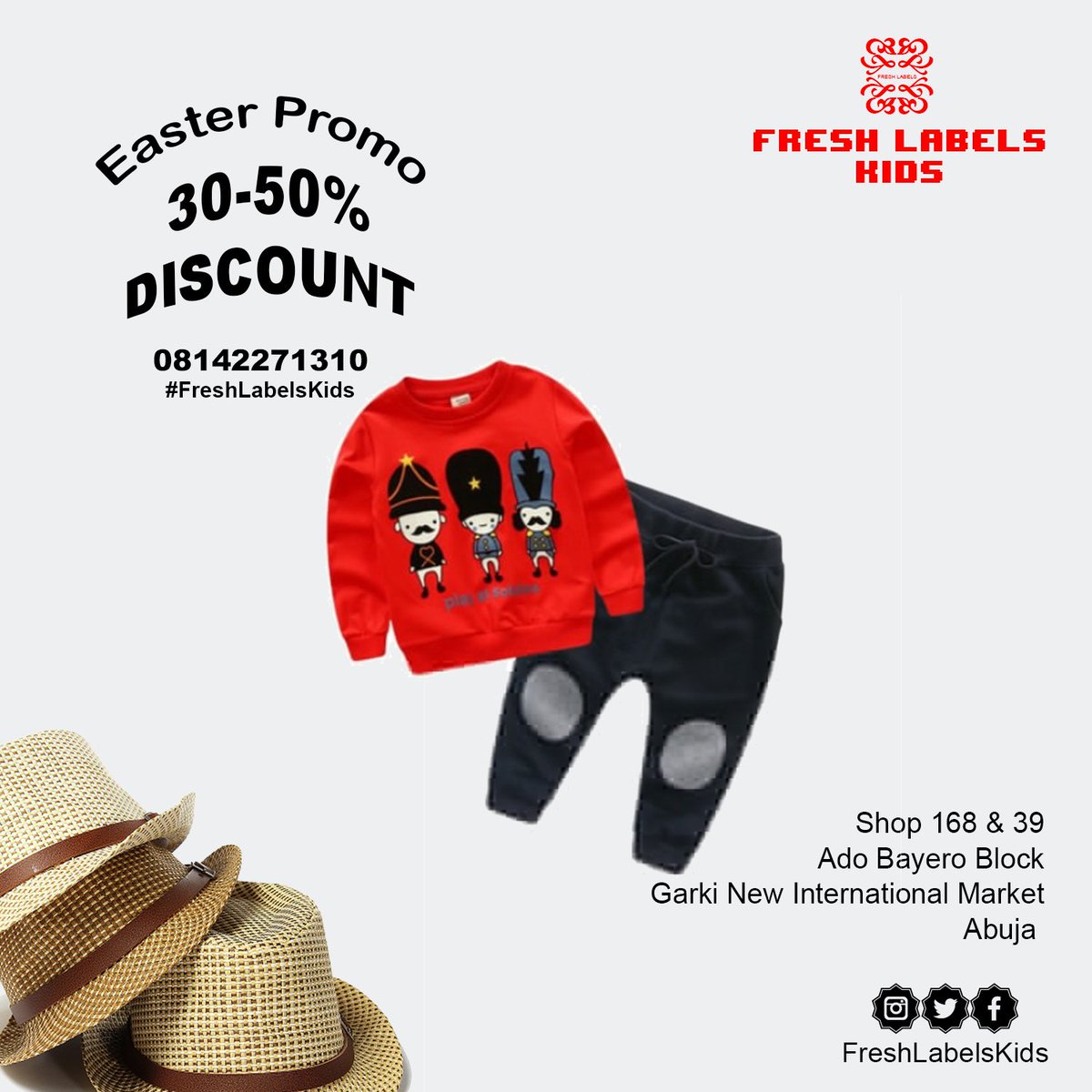 FreshLabelsKids's tweet image. Get all you need for your kids @FreshLabelsKids  👕👖👗👘👚🛍️👜🎒👞👟👠
Shop 168 &amp;amp; 39,  Block C2, Ado Bayero Building, New Garki Ultra Modern Market, Abuja 
0818 510 0573, 08142271310 
#FreshLabelsKids
#AbujaPlayGround
#AbujaTwitterCommunity
#SocialAbujaMarket
#Easter