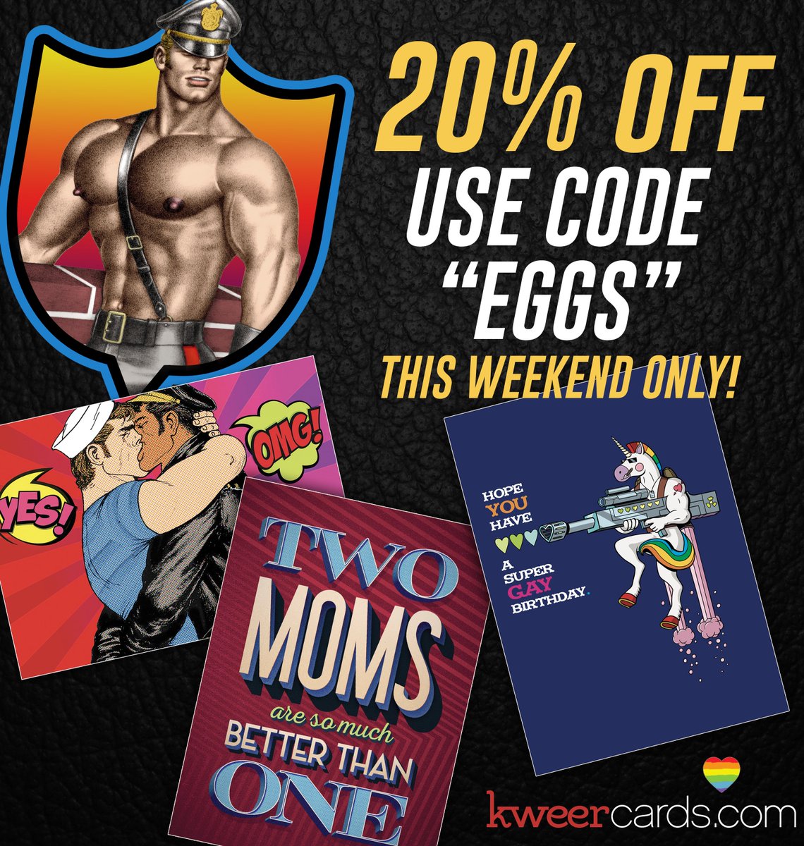 KweerCards's tweet photo. Happy# Easter! Take 20% off all weekend long off ALL OUR ITEMS including our #tomoffinland cards & magnets! Use code “EGGS” at checkout. https://t.co/JZoufCWiBm 🌈❤️
#gaygreetingcards #lesbians #queer #queercards #leatherpants #Twomoms #gay #lesbianmoms #gaymoms #leathermen https://t.co/YCxIViD1dI