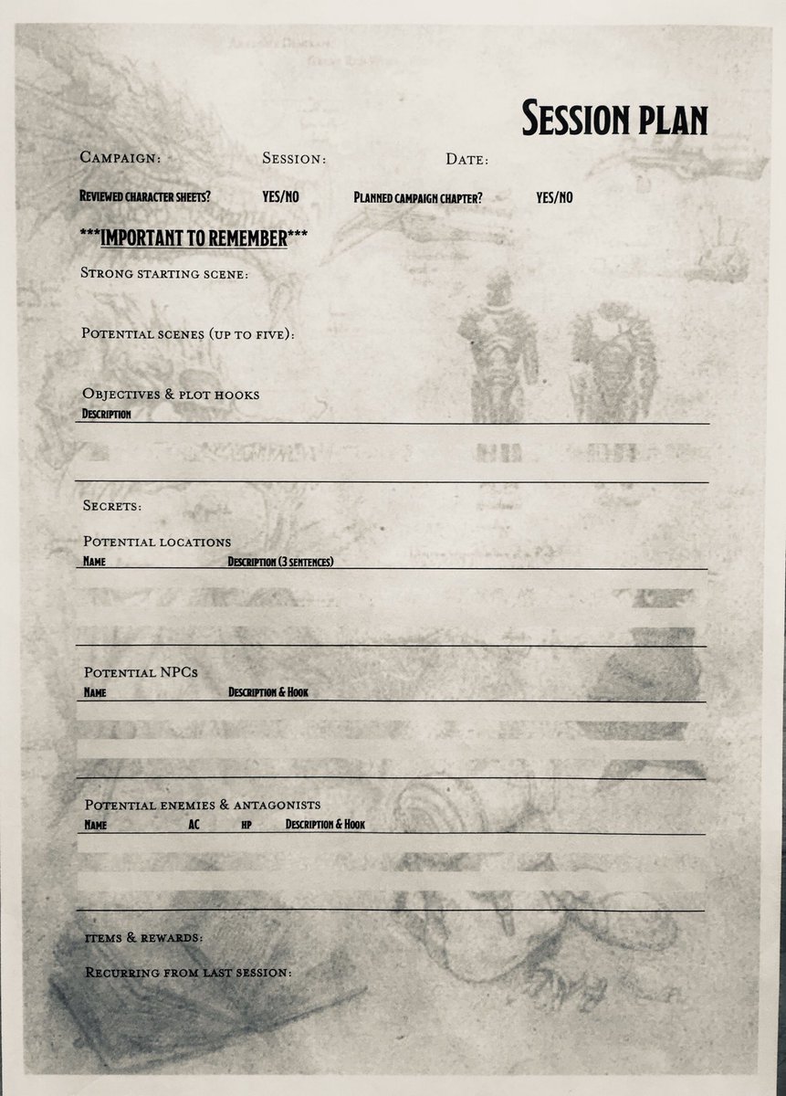 DM_Flashwood's tweet photo. I’ve found prepping for my sessions a lot easier thanks to both @SlyFlourish #lazydungeonmaster books. Here’s my template I use for each session - I’ve tweaked it over time to suit my DMing style best and remind me of the important things to remember! #DnD #DungeonsandDragons https://t.co/qPU19NeTII