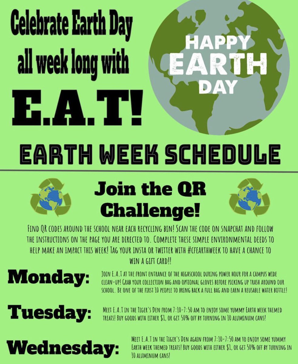eat_cf's tweet photo. In case you didn’t know, Earth Day is on Monday! Join the environmental awareness team in supporting environmental protection. #eat #earthday #cfearthweek #environment #bakesale #campuscleanup #qrcodes https://t.co/utmSN4YAQA