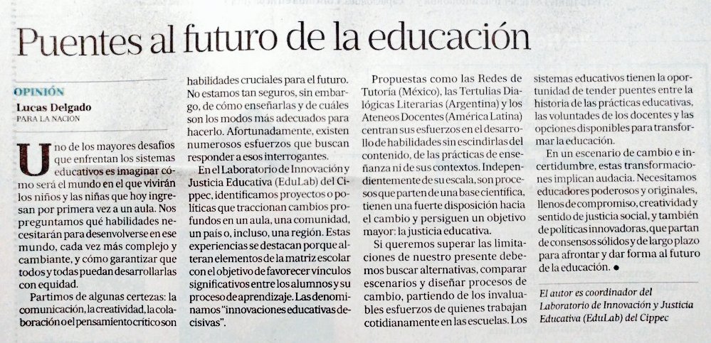 EducacionCIPPEC's tweet photo. "Necesitamos educadores comprometidos y políticas audaces, basadas en consensos de largo plazo para afrontar el futuro de la educación", afirma @_LucasDelgado_ coord. del #EduLabCIPPEC

Nota completa en suplemento #Sábado de @LANACION o en nuestra web 👉https://t.co/Myw4bD2RTS https://t.co/7S0yDIlujs