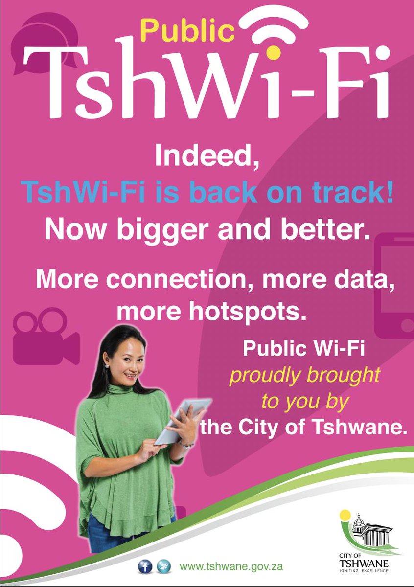 CityTshwane's tweet photo. #TshwaneWiFi More connection, more data, more hotspots. Yep, that's the city free #PublicWiFi https://t.co/enV5EhCgtt