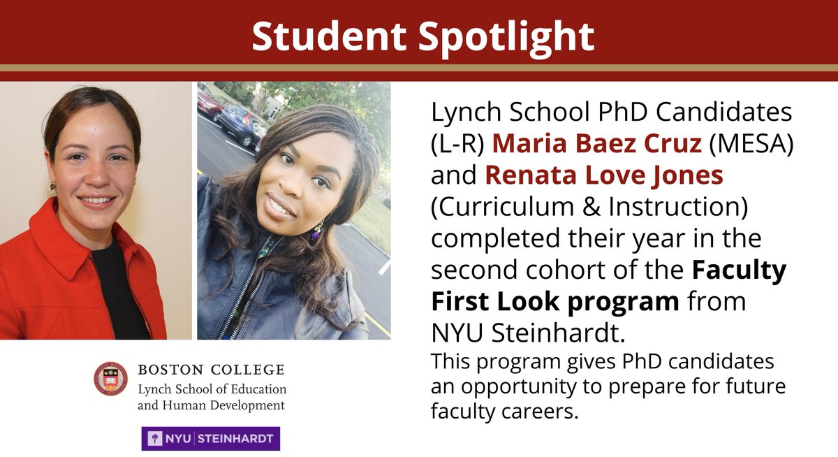 bclynchschool's tweet photo. Lynch School PhD Candidates (L-R) Maria Baez Cruz (MESA) and Renata Love Jones (Curriculum &amp; Instruction) completed their year in the second cohort of the Faculty First Look program from NYU Steinhardt. 🦅 #BCLynchSchool https://t.co/rh2ozVVuyk