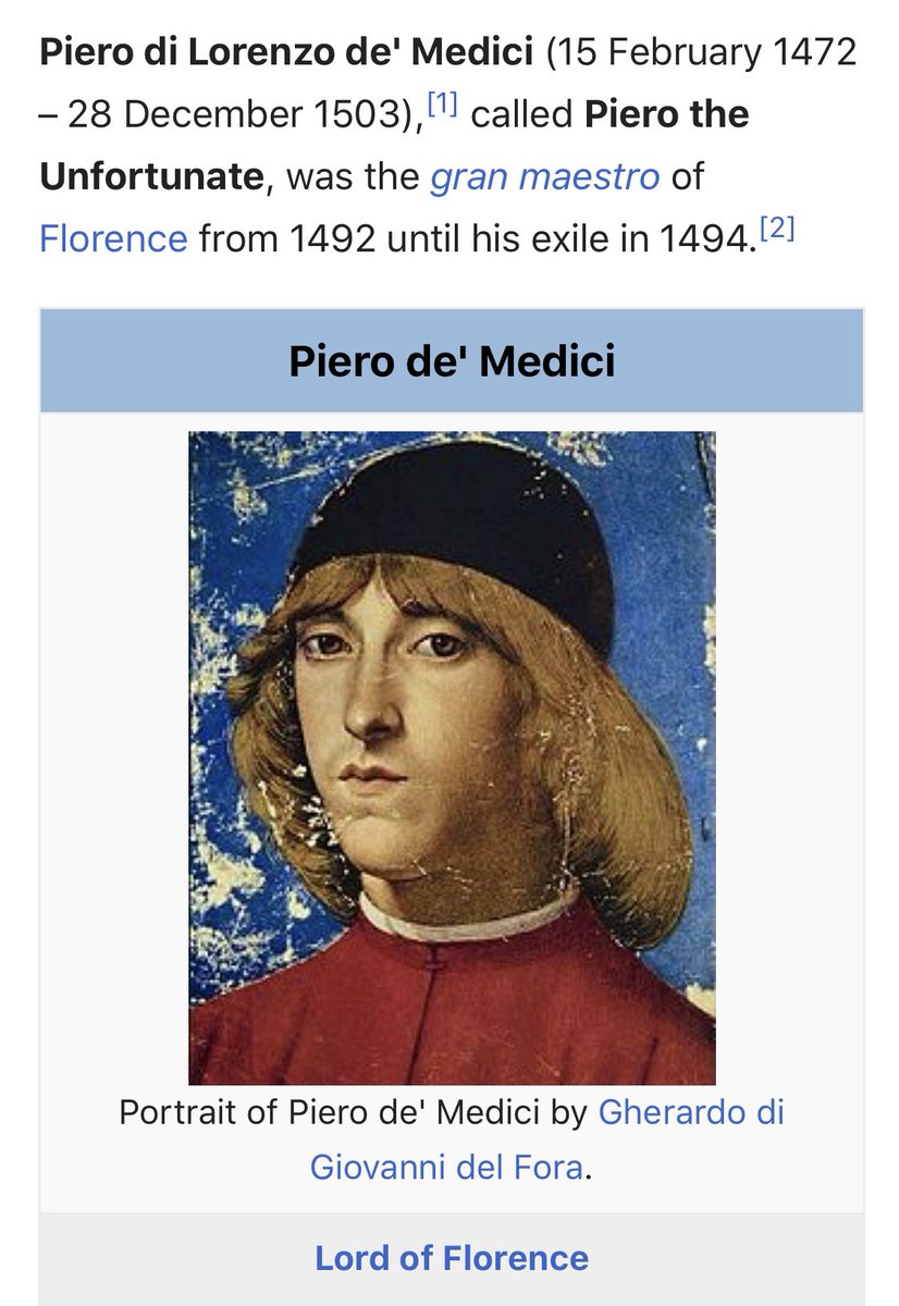 Finally, after Lorenzo came (another) Piero, described as Piero the Unfortunate. He was into Florentine football (??), fled the city when French troops arrived in 1494, & drowned when crossing the Garigliano river north of Naples. His brother Giovanni became Pope Leo X