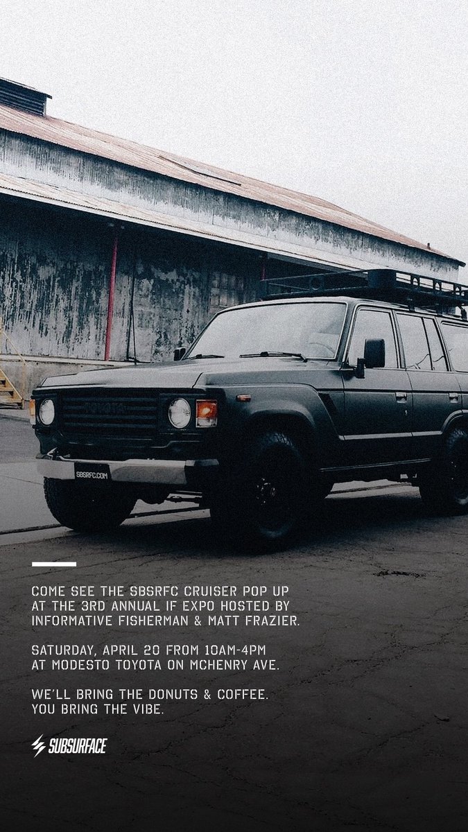 Come see our SBSRFC CRUISER Pop up today at <a href="/ModestoToyota/">Modesto Toyota</a> for the 3rd annual <a href="/InfoFisherman/">InformativeFisherman</a> Expo. We’re bringin’ the donuts and coffee. You bring the vibe. #fishingisthereason #belowwateraboveall #SBSRFC