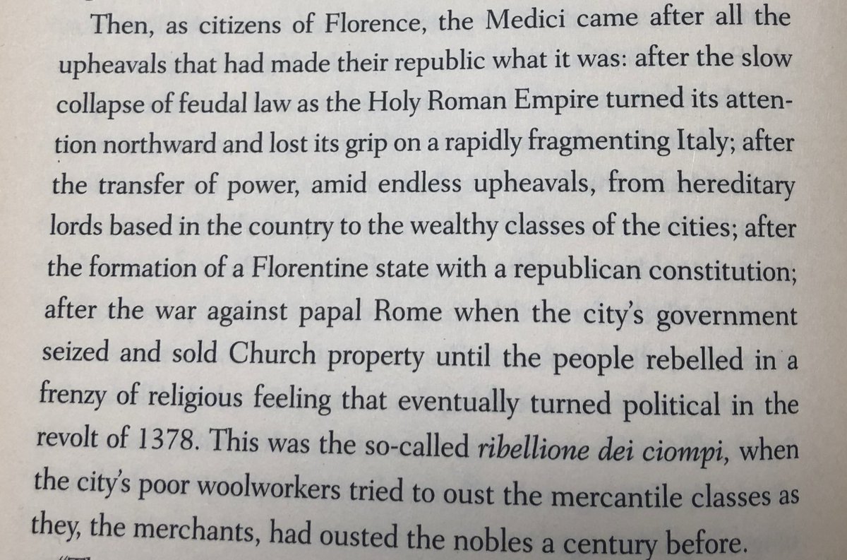 Florence itself was the product of a messy process, lots of upheaval and revolt. Idk what to think about this. My takeaway here is that life is messy, and cities are products of much larger processes and forces beyond their control, maybe even beyond their perception