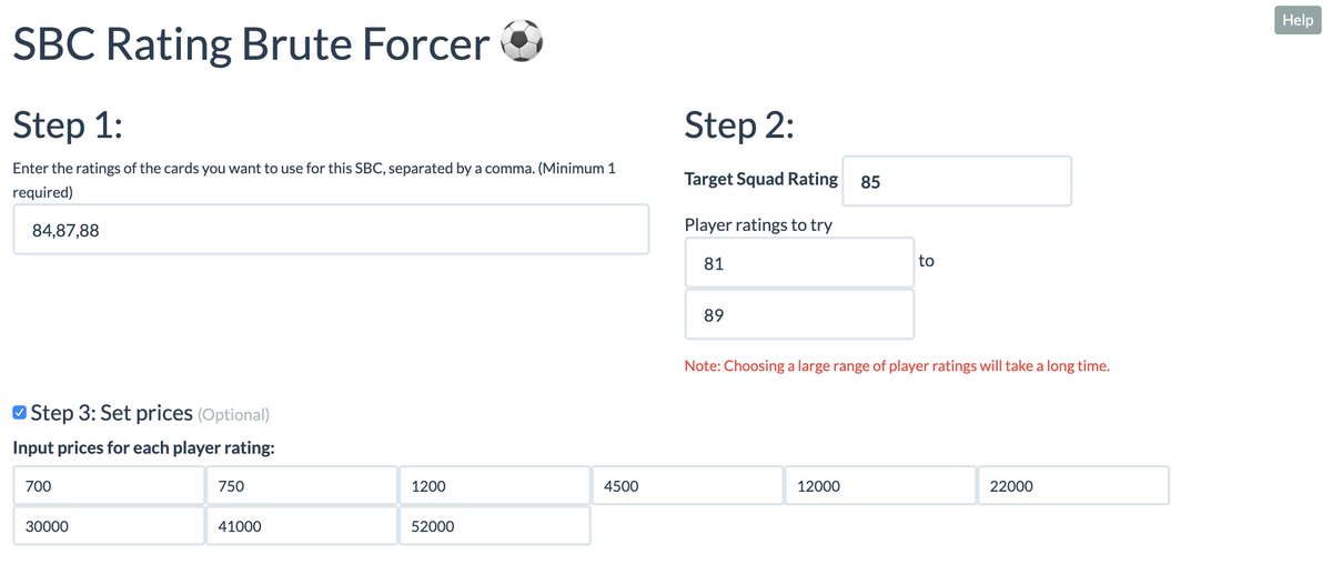 FUT_Economist's tweet photo. PSA for the SBC Addicts:

"SBC Rating Brute Force" calculates the cheapest combo of card ratings you can use to get an SBC done - given the ratings of your existing untradeables.

A powerful tool, and especially relevant given the current SBC craze.

Link: https://t.co/THaA12YxXu https://t.co/jcWp98TIiB