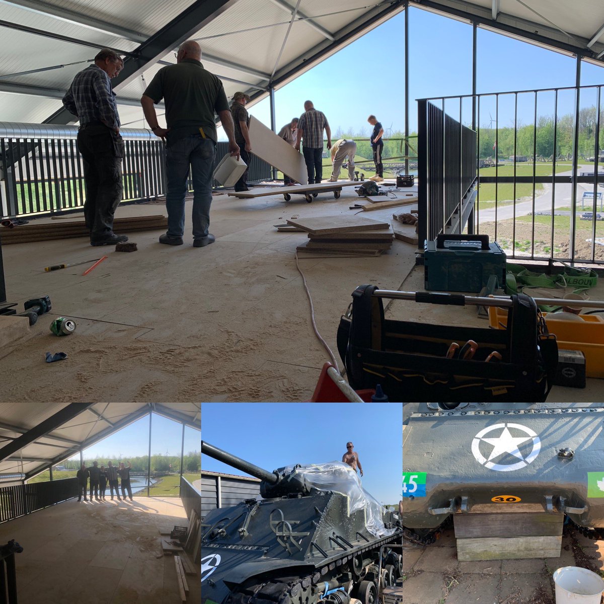 RT bmzeeland: Het laatste stuk van de verdiepingsvloer ligt in het Vrijheidspaviljoen en onze tweede Sherman tank is voorzien van zijn belettering. #bevrijdingsmuseum #vrijwilligers  #toppers  #Zeeland