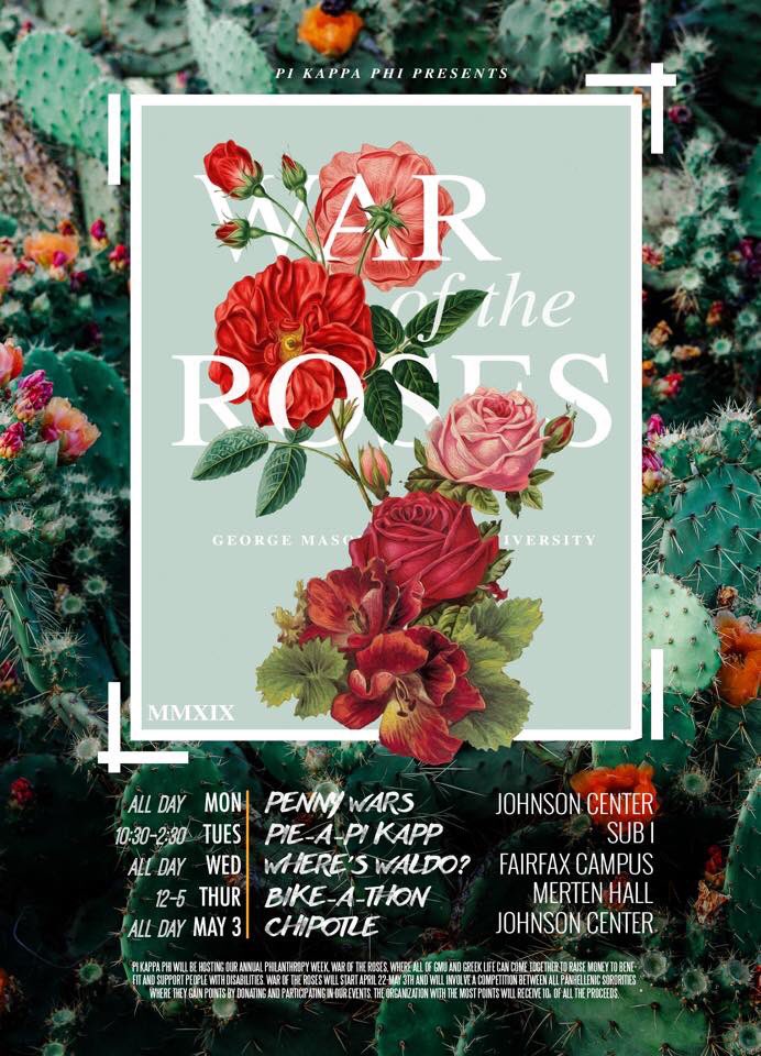 gmupikapp's tweet photo. Yes! It’s almost here!!
GMU Pi Kapp will be hosting our anual event, War of the Roses. A week in which GMU Greek life come together to raise money to benefit people with disabilities. WOTR will be from the 22nd to the 25th &amp;may 3rd. 
Are you ready? 🌹⚔️🌹 https://t.co/w3HKrPwUha