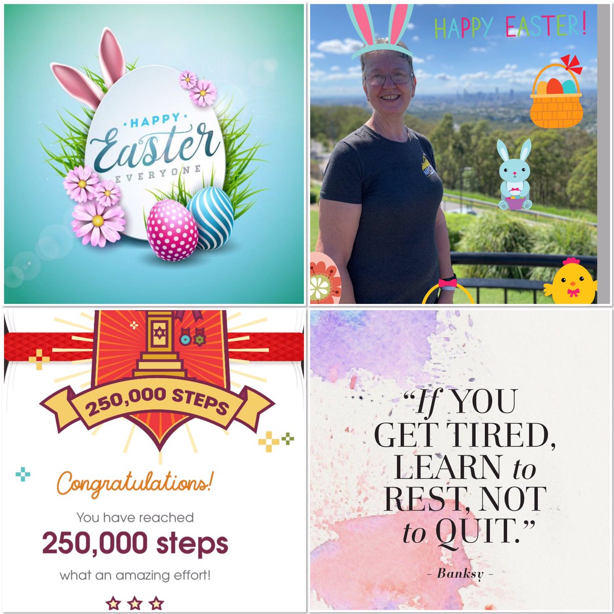 lesley210756's tweet photo. Happy Easter Peakers ππ£π° I have reached 250,000 steps for MotivApril for the Heart Foundation and now I am planning on having a quiet day today visiting my Mum #mpc2019 #aussiepeaker #proudpeaker #restnotquit @SamHeughan @MyPeakChallenge https://t.co/wtnNHoygYg