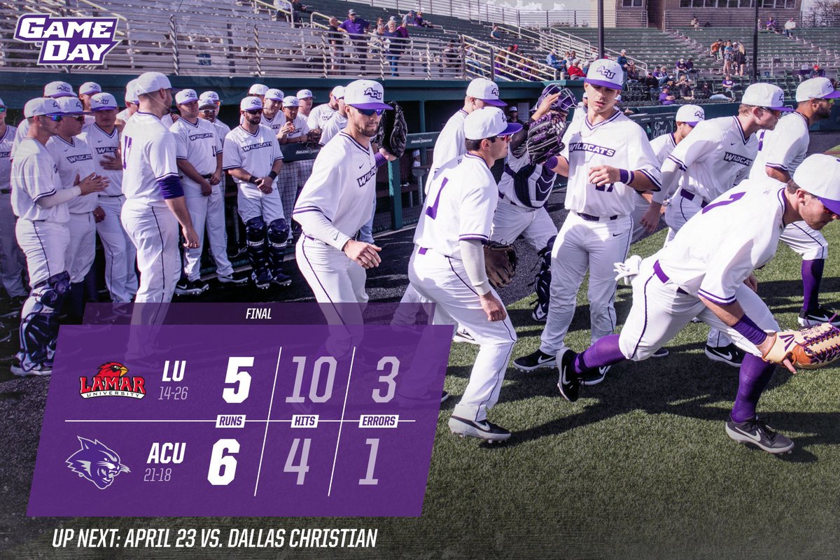 ACU_Baseball's tweet photo. FINAL | Wildcats win the game, 6-5, and the series, 2-1 for their third Southland Conference home series win of the season. Luis Trevino with 3 RBI. Nicholson gets the W and Brennan Lewis' 4.0 inning save his ninth of the year. #ATO https://t.co/hDE2kwoGuj