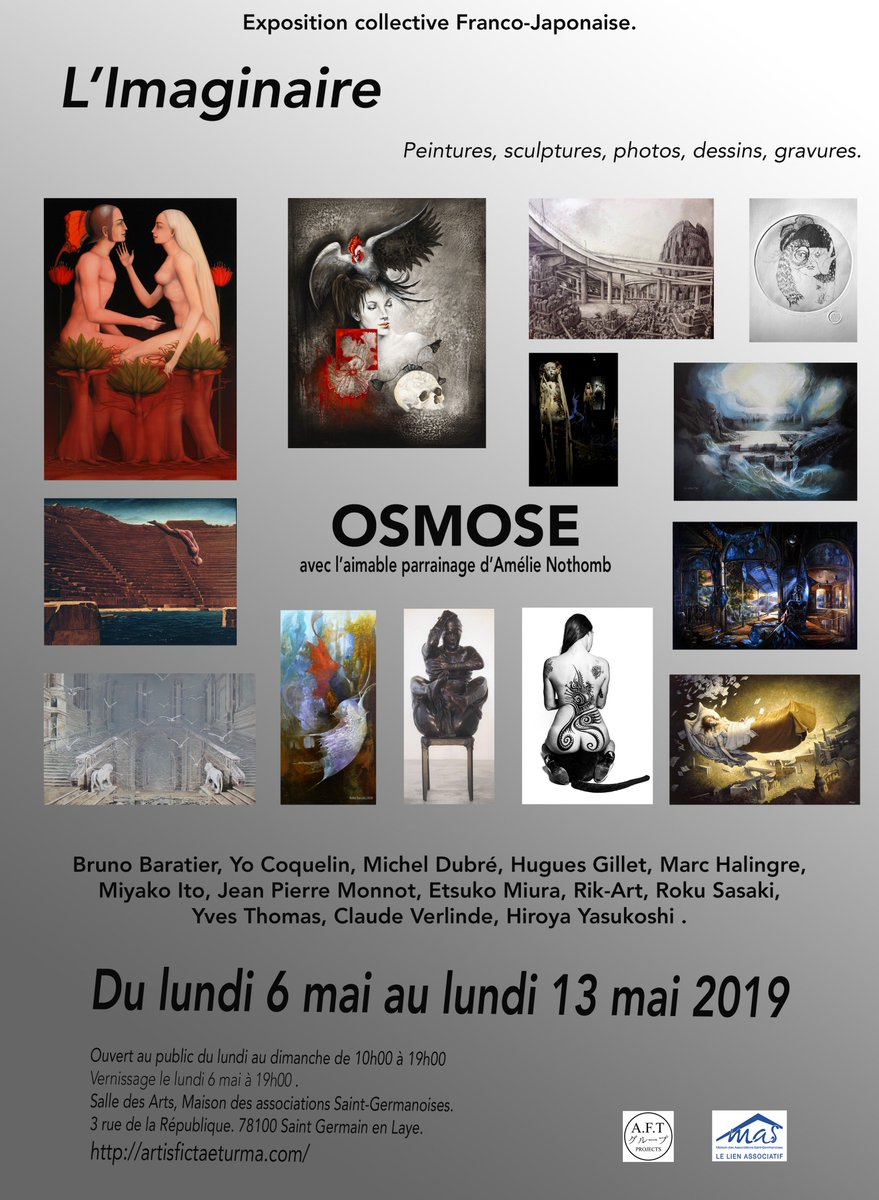 afictaeturma's tweet photo. Roku Sasaki /Yves Thomas/ L’Imaginaire Exposition collective Franco-Japonaise. Du lundi 6 mai au lundi 13 mai 2019 .Vernissage lundi 6 mai  19h00 .Maison des associations Saint Germanoises,3 rue de la République.@StGermainLaye @afictaeturma @actujapon @JournalDuJapon https://t.co/IgRG4mibzA