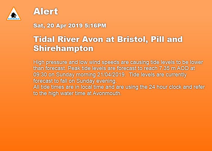 FloodAlerts_GLS's tweet photo. Flood Alert, 5:16PM 20/04/2019, TidalRvrAvon @ Bristol, Pill &amp; Shirehampton, https://t.co/5JWDcQgS4t #floodaware https://t.co/jzq9chEhrT