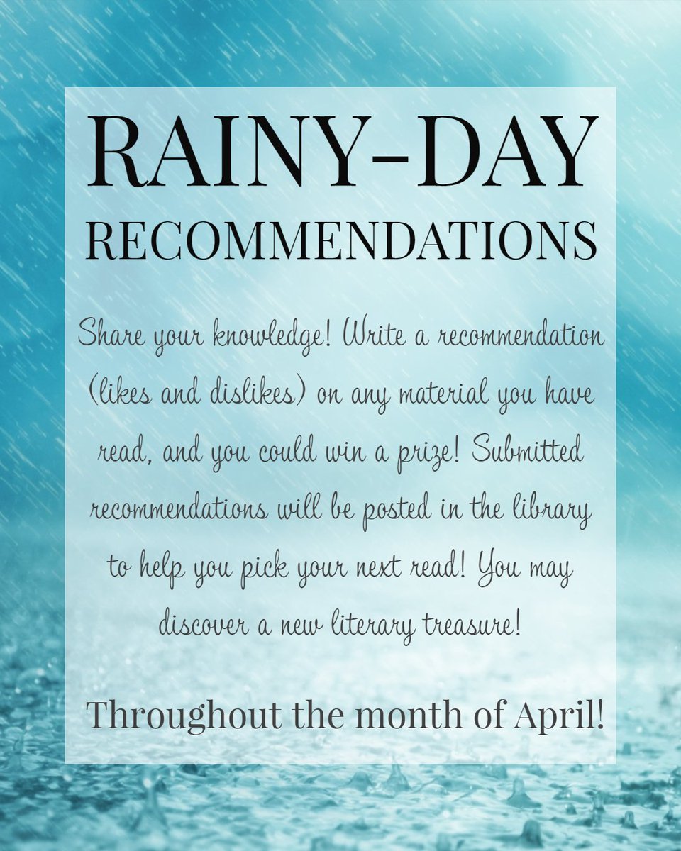 For the month of April you can write a recommendation for a chance to win prizes!!! Kids, Teens, Adults - everyone welcome to participate. Come in and fill out your recommendation!
#readerrecommendations #readersadvisory #winprizes