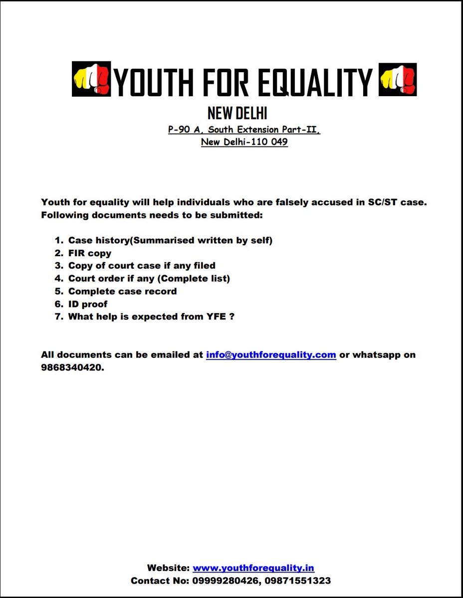 Any individual falsely accused in SC/ST CASE can approach us. Please circulate the document and help the needy ! Pass it on so that it reaches the needy. Your one share can help someone. 

#youthforequality #scstcase #yfe #mission2020 #scstfalsecases