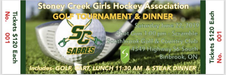 Stoney Creek Girls Hockey Association (@scsabres) on Twitter photo Attention Stoney Creek players, parents and alumni! Join us June 22nd at Southbrook Golf and Country Club for the annual SCGHA Golf Tournament and Dinner with proceeds going to our female athletes in the organization! Those interested please contact Tony Filice acfilice@cogeco.ca Attention Stoney Creek players, parents and alumni! Join us June 22nd at Southbrook Golf and Country Club for the annual SCGHA Golf Tournament and Dinner with proceeds going to our female athletes in the organization! Those interested please contact Tony Filice acfilice@cogeco.ca