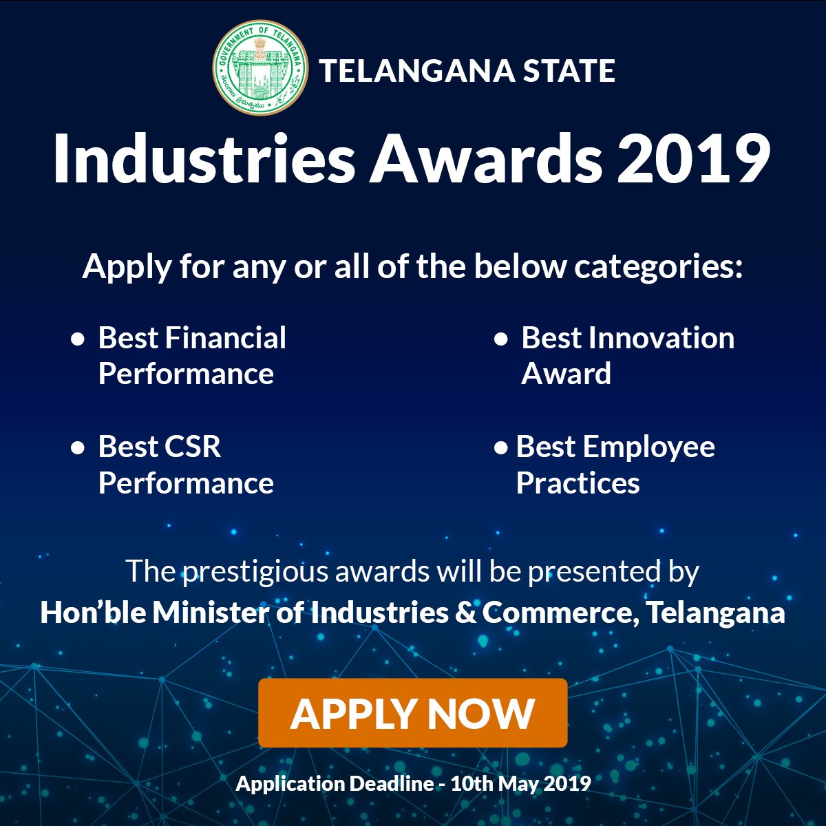 The weekend is not over yet! Make the most of it &amp; apply for #Telangana State Industries Awards 2019. Be recognised by Telangana State for your business achievements. Create your account &amp; apply now on Telangana State GlobalLinker on t.globallinker.com/OVnP1