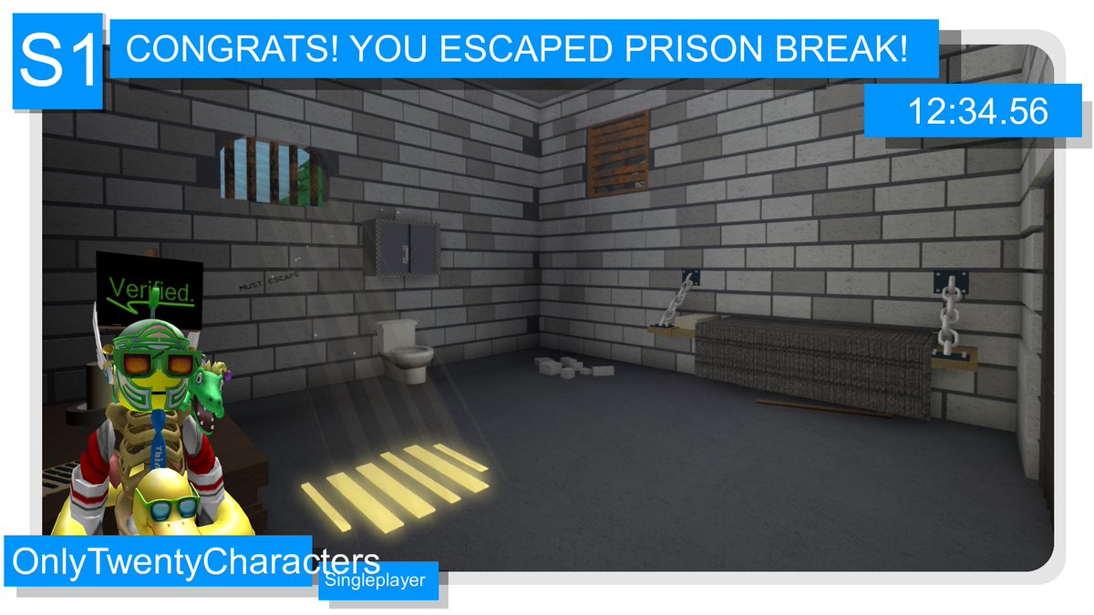 EscapistsBot's tweet image. Congratulations to OnlyTwentyCharacters for escaping Prison Break! They escaped by themselves in 12:34.56!
#RobloxEscapeRoom