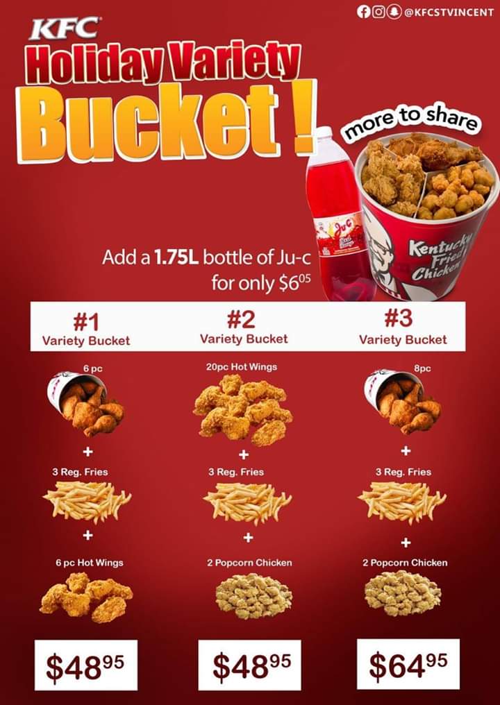 kfc_stvincent's tweet photo. Celebrate the Easter Weekend with a variety bucket from KFC!
We've got 3 variety buckets to choose from!
Big on variety, bigger on value!
Available this Easter Sunday & Monday only!
#KFC #VarietyBucket #Holiday #KFCSTVINCENT #VincyKFC #KFCSVG #HappyEasterFromKFC https://t.co/TaRrjvug3R