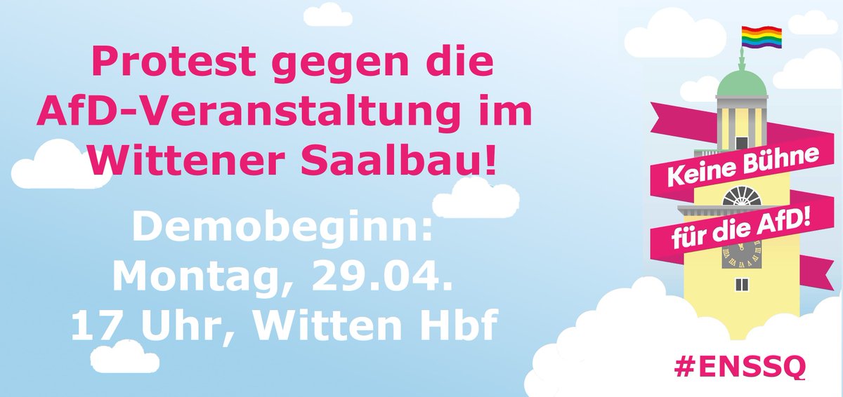 AntifaWerne's tweet photo. In 9 Tagen kommt die AfD für eine Wahlkampfveranstaltung nach #Witten - wir auch! Kommt zur Demo um 17 Uhr am Hbf und unterstützt die Genoss*innen dort! Mehr Infos gibt's bei @afawitten und @ENistBunt. #noAfD #KeinRaumderAfD #Antifa #NIKA #NationalismusistkeineAlternative https://t.co/cIqPiCjEHu