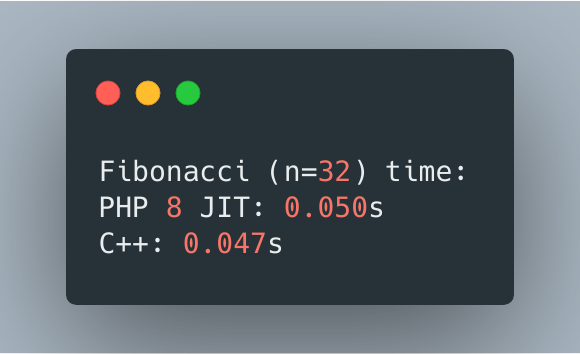 ArkadiuszKondas's tweet image. Encouraged by a comment, I compared the result for calculating Fibonacci (n=32) in PHP 8 with JIT vs C++, looks very interesting 🤔🚀 #php #cplusplus
