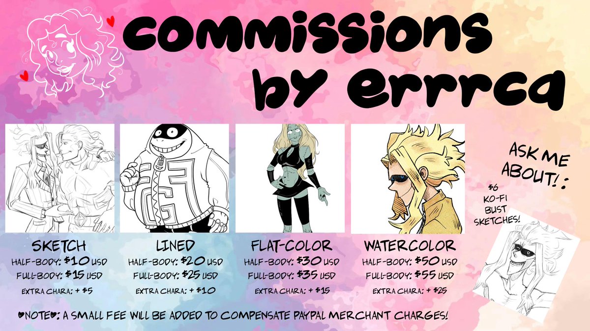 nothisisericab's tweet photo. Here's an updated commission sheet! Feel free to contact me here via DM, or by email at nothisiserica@gmail.com--- if you have any questions or need clarification on anything, feel free to ask too! https://t.co/3MHTzcacFc