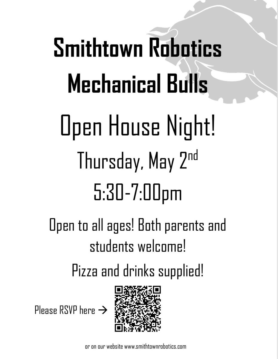 Come join us for our open house night on Thursday, May 2nd at 5:30 to 7:30 pm. Room 144 at Smithtown High school East. Parents and students of all ages are welcome! <a href="/SmithtownCSD/">Smithtown CSD</a>