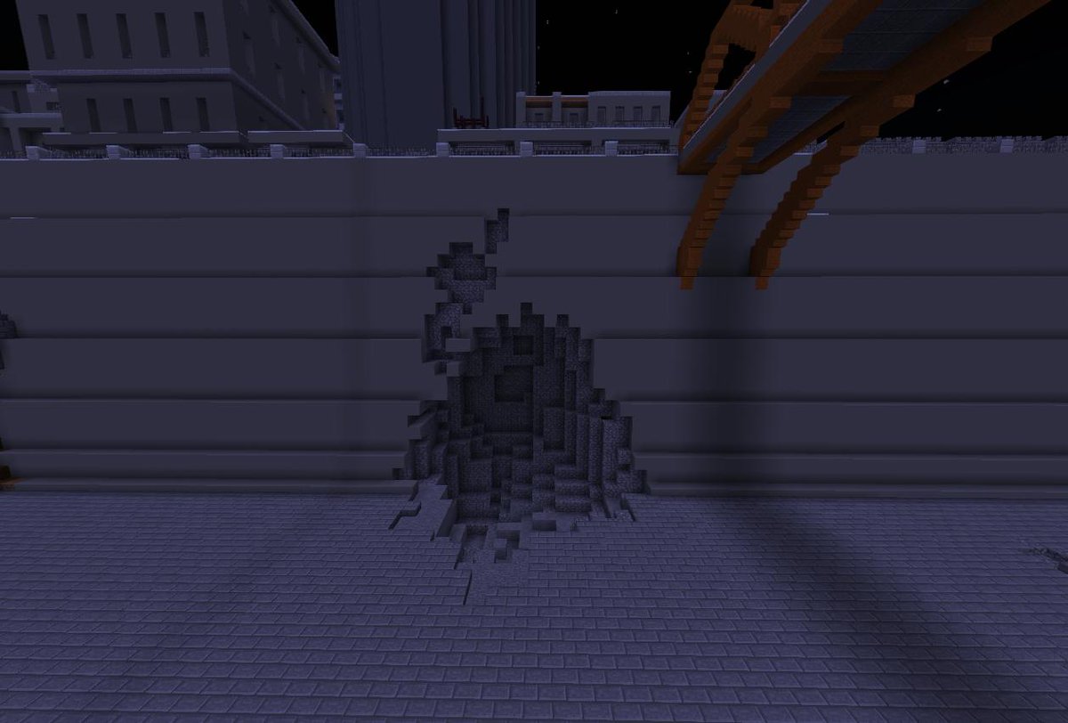 終末計画 マイクラ実況 壁に穴をあけます 丸石で円の内側をイメージしながら崩れた面を作ります 飛び散ったコンクリートと細かいところを安山岩をおく バランスを見ながら花崗岩を奥に入れる 少女終末旅行 マイクラ Minecraft