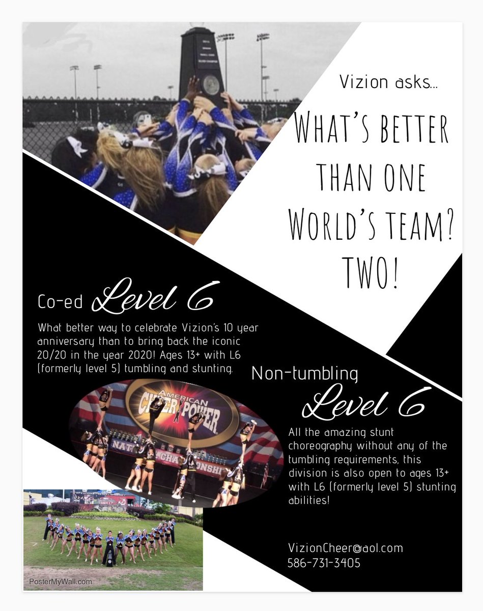 Not only is the iconic 20/20 coming back but we will also be offering a Non-Tumble level 6 (formerly L5) team! 💙🖤💛 find out more at the parent meetings 5/14 and 5/16 at 7pm #worlds2020 #allstarcheer #cheerstunts #stunting #tumbling #michigancheerleading #michigancheer