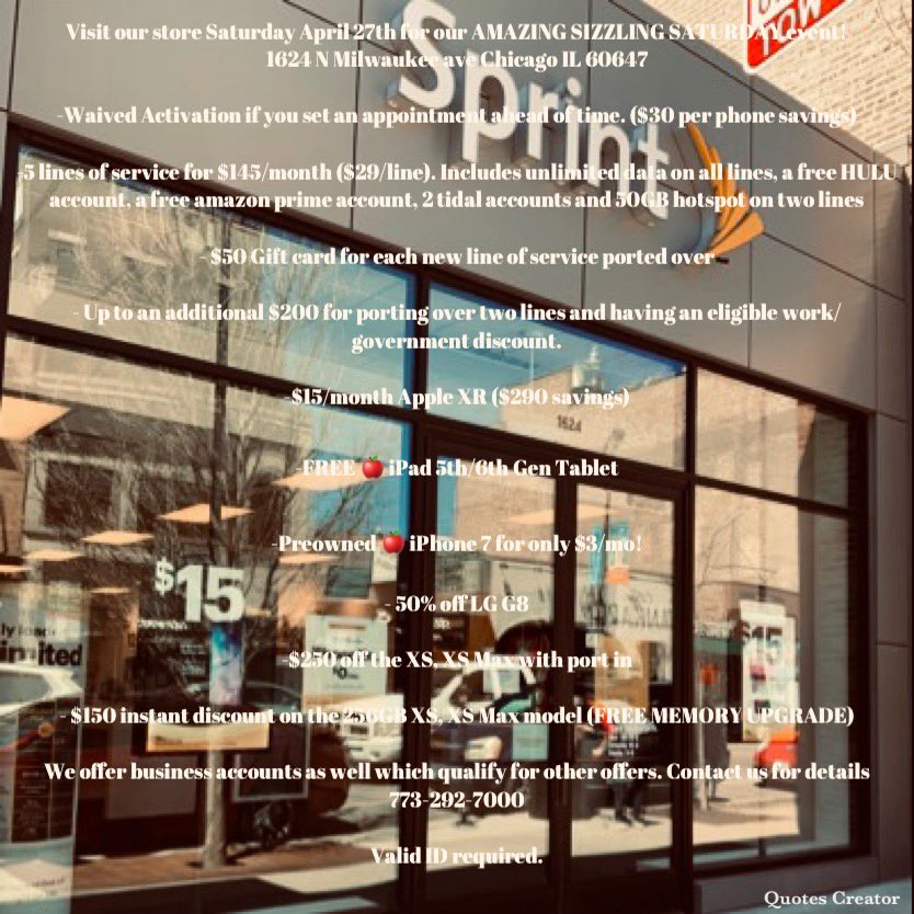 wickerpark2160's tweet photo. 🚨🚨BIG SALE EVENT🚨🚨 
Details Below 👇🏽 #sprint #SaturdayThoughts #sprintfam #sprint4chi #sprintbiz #wickerpark #northside #bucktown #SamsungGalaxy #iPhoneXR #savings #SWITCH #LOGO #springbreak2019 #windycitychamps  @DaniA10X @AngelGomez143 @JonP2520 @stevessprint1 @jade_amatha https://t.co/7YSpgB2Wx5