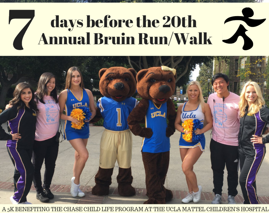 ONE WEEK COUNTDOWN STARTING NOW! GET EXCITED!

There's still time to register and donate!

*If you’re a UCLA student, message Bruin Run/Walk for the special student discount!*

Visit bruinrunwalk.com for more details.

Register, get ready, and go!
