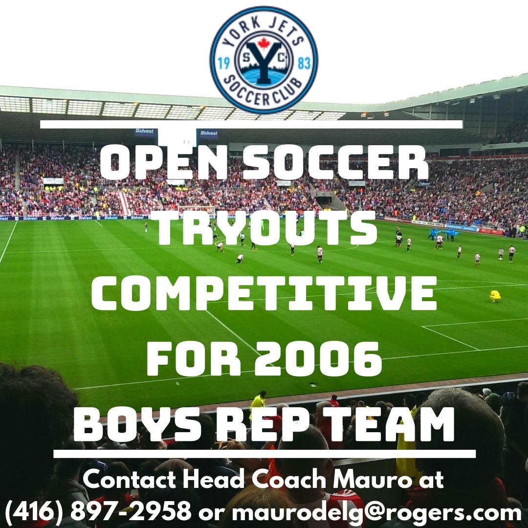 #Soccer #Tryouts Competitive for 2006 Boys Rep #Team
April 26 , 7-9 PM. MUST RSVP . Contact  at (416) 897-2958 or maurodelg@rogers.com #YorkJetsSC #YorkJetsSoccerClub #YJSC #TorontoSoccer #CanadaSports #community #yorkregion #osa #Highpark #Junction #Northyork #torontoschool