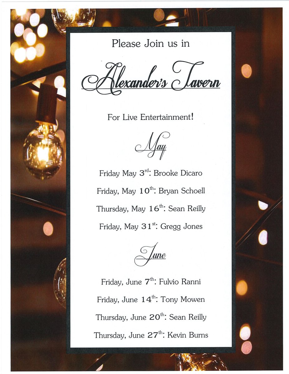 MendenhallInn's tweet photo. Join us at Alexander's Tavern for live entertainment during the months of May and June! https://t.co/CKkyH34lqY