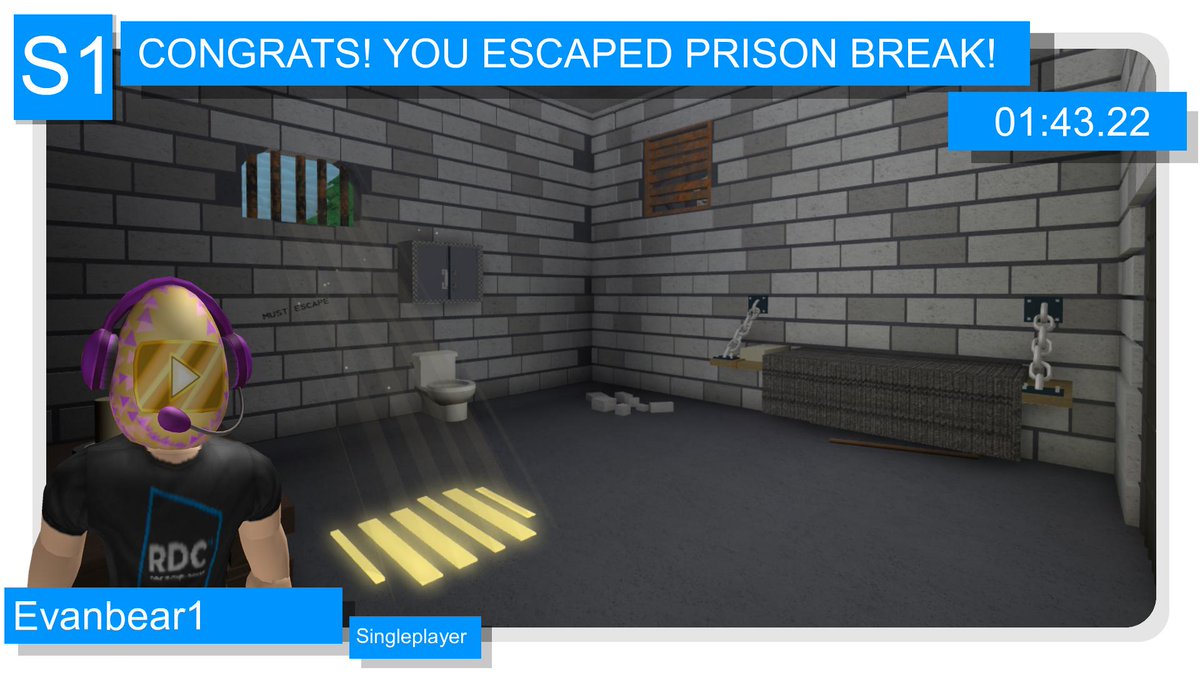 EscapistsBot's tweet image. Congratulations to @Evanbear1Twitch for escaping Prison Break! They escaped by themselves in 01:43.22!
#RobloxEscapeRoom