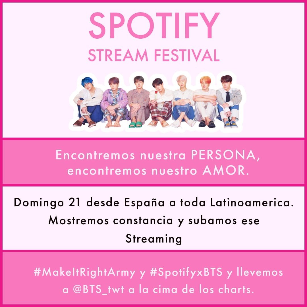 BTS_inSpain's tweet photo. 🎊¡Streaming Festival!🎊

Uníos al Gran Festival que hemos organizado con las FB Latinoamericanas para disfrutar de #MAP_OF_THE_SOUL_PERSONA
Solo tenéis que subir vuestras capturas de escuchas en Spotify y pantallazos de Shazam usando los HT #MakeItRightArmy + #SpotifyxBTS https://t.co/KFVlZ6z7Dz