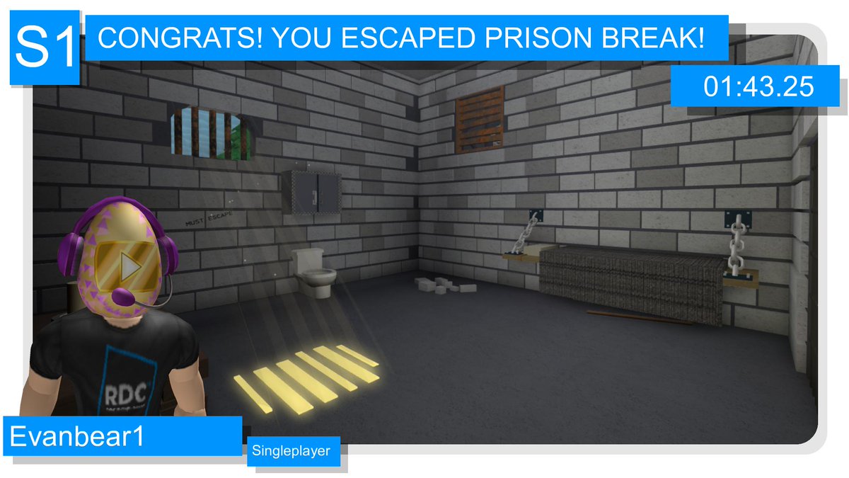 EscapistsBot's tweet image. Congratulations to @Evanbear1Twitch for escaping Prison Break! They escaped by themselves in 01:43.25!
#RobloxEscapeRoom