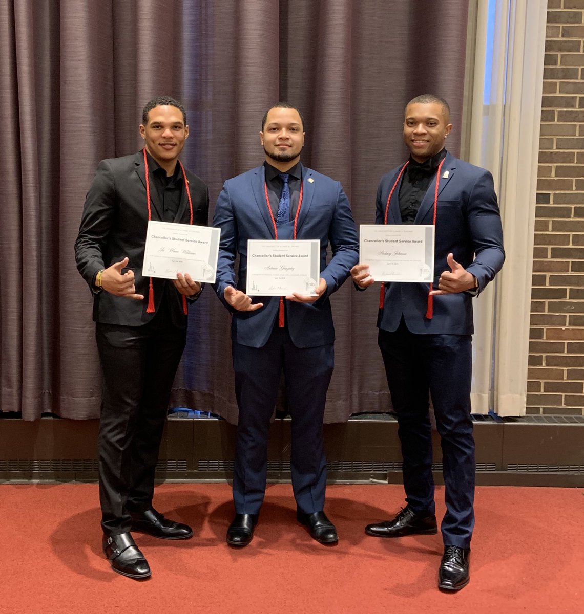Theta1910's tweet photo. Congratulations to our brothers JaโWaun Williams, Antonio Gonzalez, and Rodney Johnson for being recipients of the 2019 Chancellorโs Student Award. The THETA Chapter was also honorary mention for UIC organization of the Year!
#ThisIsTheta ๐ค๐ฝ https://t.co/xslLIEzxTQ
