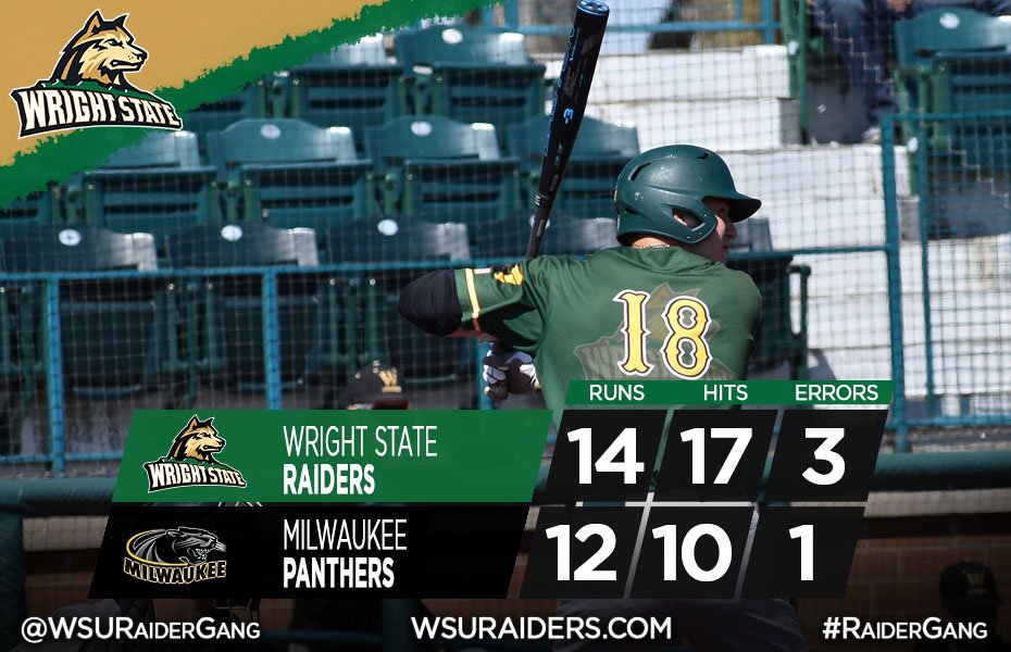 WSURaidergang's tweet photo. Final - Game 1
The #RaiderGang puts together a huge comeback to win game two of the series against Milwaukee! Damon Dues leads the way with a 4 for 4 day at the plate along with 6 RBI and a grand slam.
#RaiderWin https://t.co/RvC4ysaDnJ