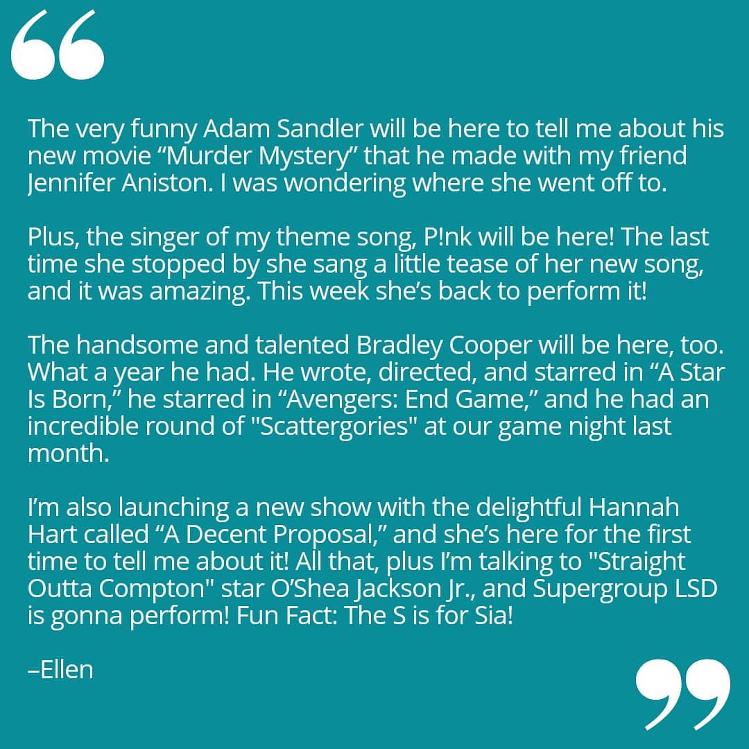 ed_ellen_update's tweet photo. #Easter #EarthDay #Avengers #BlackWidow #CaptainMarvel #ScarlettJohansson #BrieLarson #AdamSandler #MurderMystery #JenniferAniston #Pink #BradleyCooper #AStarIsBorn #EndGame #Scattergories #HannahHart #ADecentProposal #StraightOuttaCompton #OSheaJacksonJr  #theellenshow https://t.co/qYhVlpPm8r