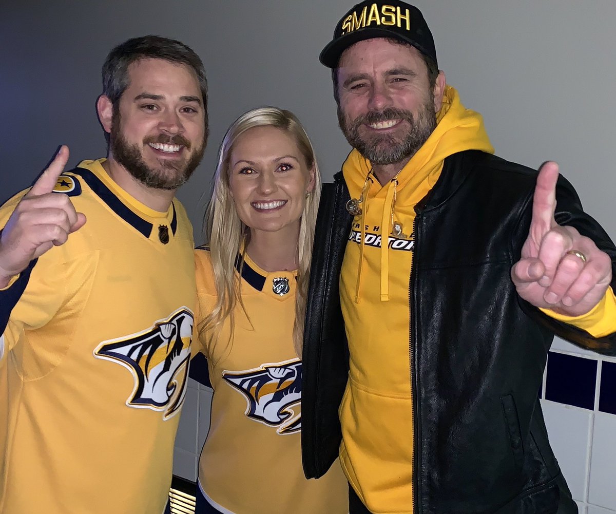Rhelm24's tweet photo. We lost today but we still believe in Smashville and our Preds!! Us and @CharlesEsten ...Thank you for being so so good to Nashville and all your people Chip!!!!!💛@PredsNHL @BrdgstoneArena https://t.co/Lnhi5uaz3h