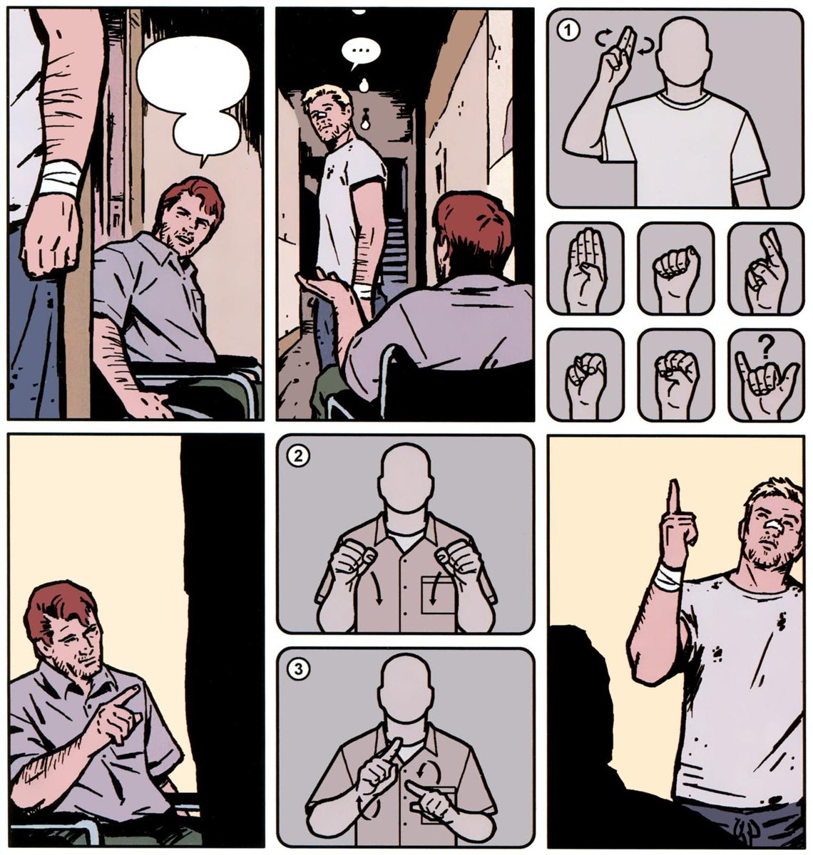 This time, his deafness is a big, very important plot point. In Hawkeye (2012) #19, most dialogues are spoken in ASL and we can see how Clint's lip reading works.