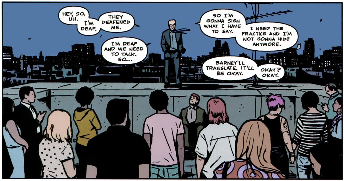 This time, his deafness is a big, very important plot point. In Hawkeye (2012) #19, most dialogues are spoken in ASL and we can see how Clint's lip reading works.