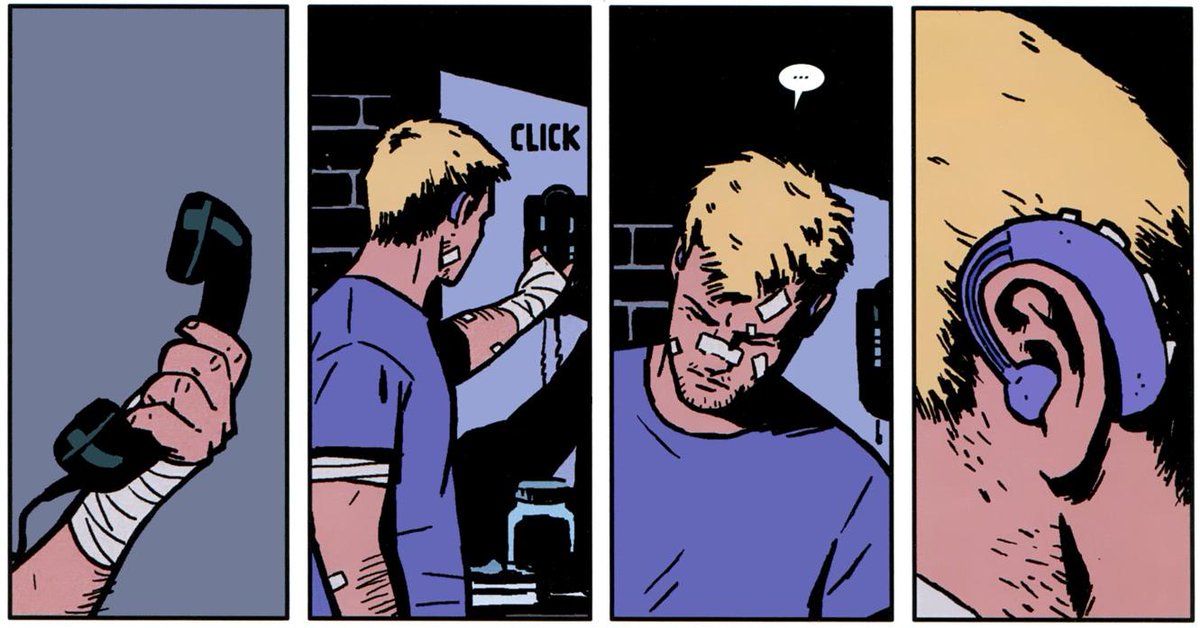 And now he's using regular-sized, visible (and purple, of course!) hearing aids made by Tony Stark, although All-New Hawkeye depicts them as miniature ones.