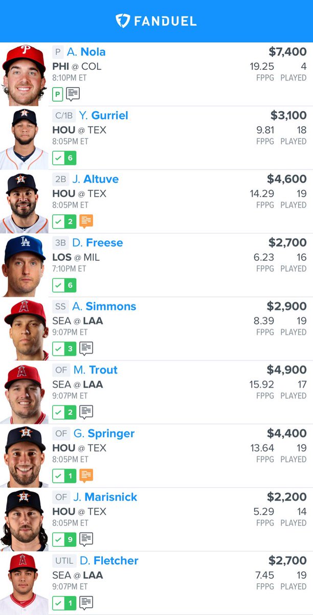 ViceDfs's tweet photo. Mlb fd and dk #dfs #nhl #mma #nbas5 #mlb #free #freelines #FanDuel #draftkings #fd #dk #teamvice #dfslineup #freebie #mma #fantasy #lineup β #esports #nascar #dfsnba https://t.co/O9cLZTz7OL