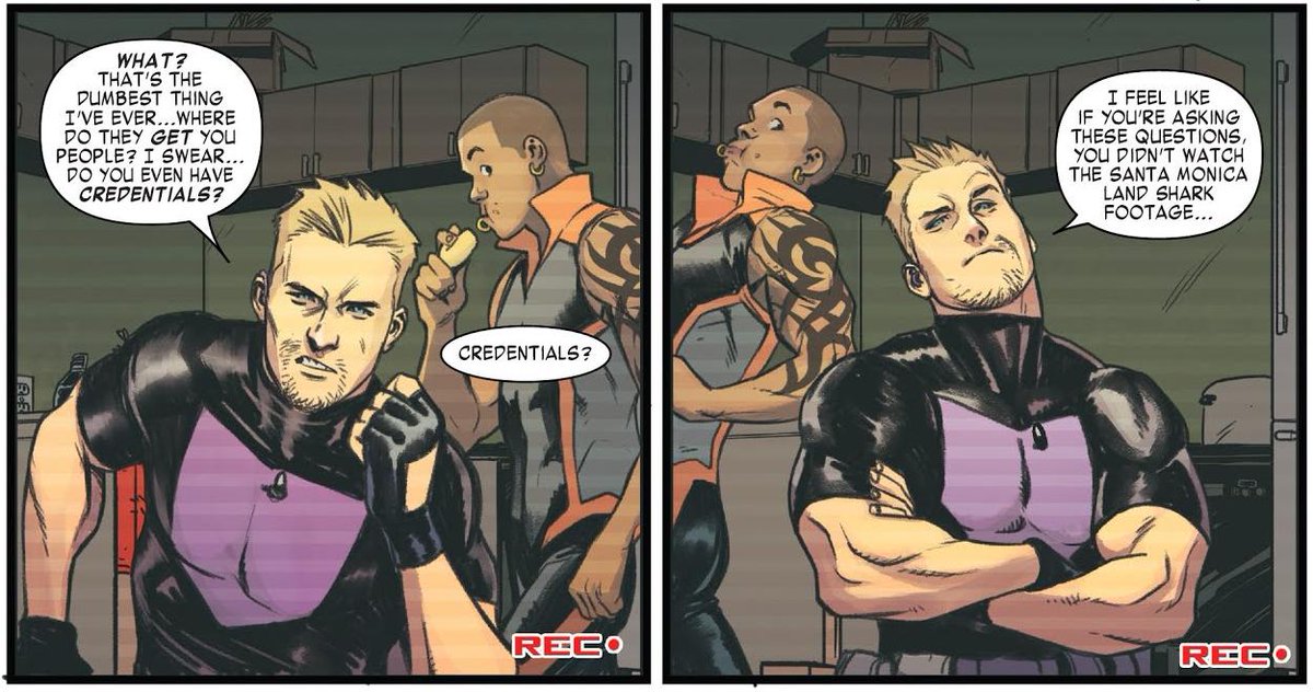 In West Coast Avengers #1's first page, by artist Stefano Caselli, you can see the hearing aids if you look closely.
