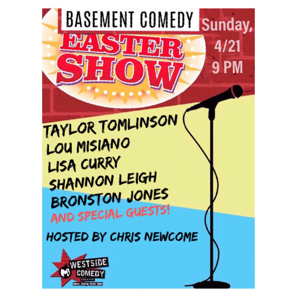 BasementComedy_'s tweet photo. Tomorrow!!! Come spend Easter with us as Basement Comedy hosts a special holiday show with amazing line up + some surprise Easter guest drop ins! $10 tickets available at the link in bio @taylortomlinson @LouMisiano @ShanLeighComedy @BronstonJones @lisa_curry @westsidecomedy https://t.co/XDBjrc9usX
