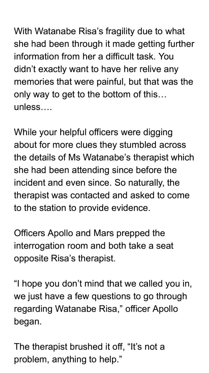 odapenaako's tweet photo. As you were packing up for the night your officers appeared again to relay what they had discovered from interviewing someone connected to Watanabe Risa. https://t.co/iGq4duAeLS