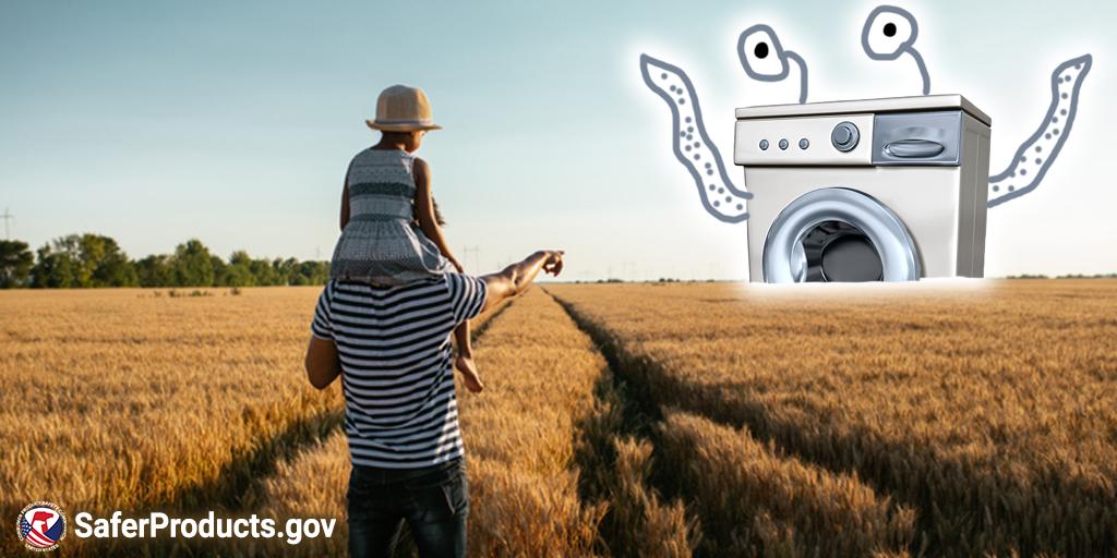 A father and daughter in a wheat field. The dad is pointing at a large washing machine monster in the distance. The text reads: Report unsafe products on SaferProducts.gov