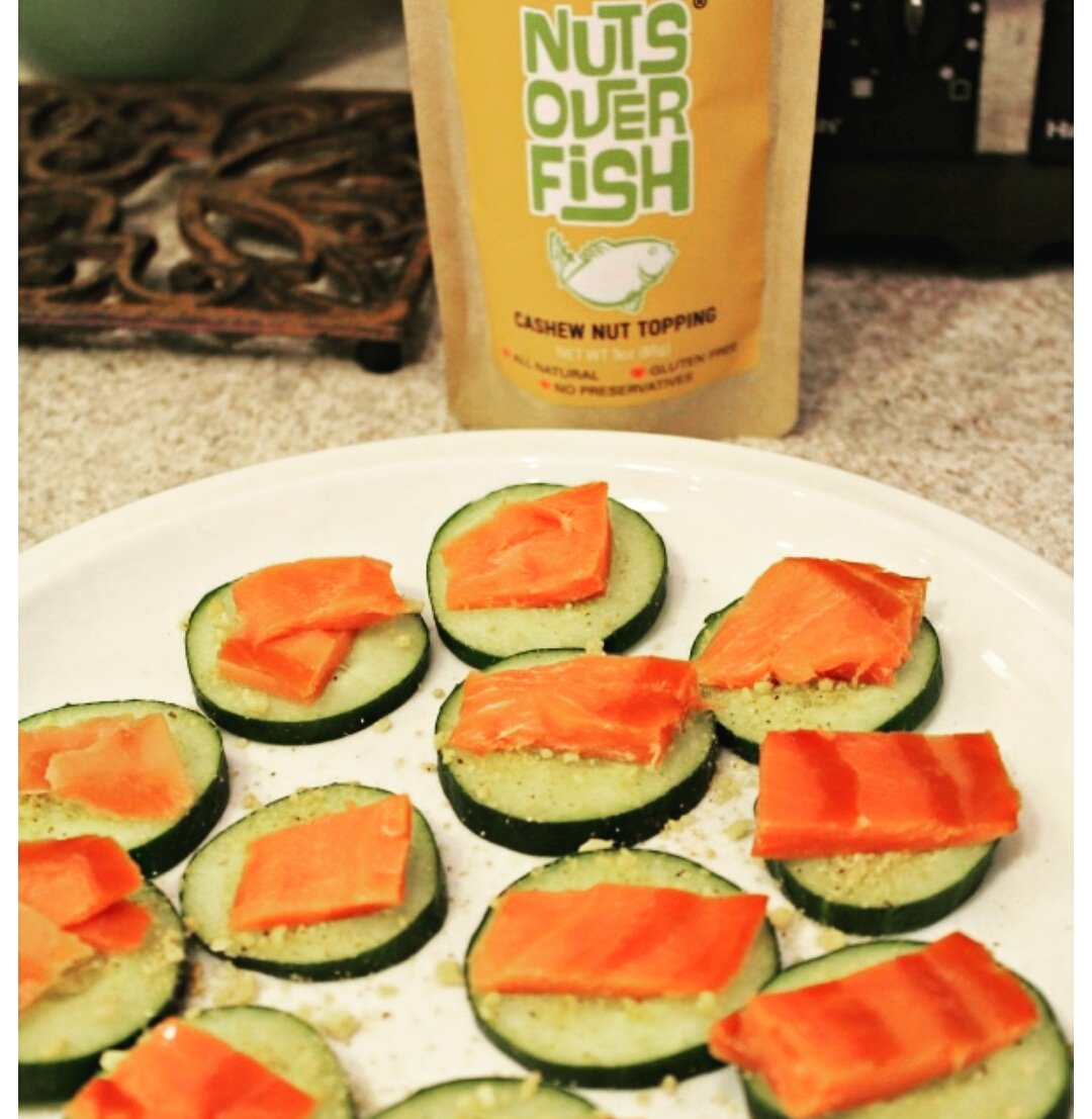 NutsOverFish's tweet image. What a great combo! 
Perfect for an appetizer! 
Smoked salmon on cucumber topped with cashew Nuts Over Fish! 
Thanks @funlearninglife for the insanely delicious idea!
#nutsoverfish #eatmorefish  #funlearninglife 
Visit nutsoverfish.com for locations or to order online!