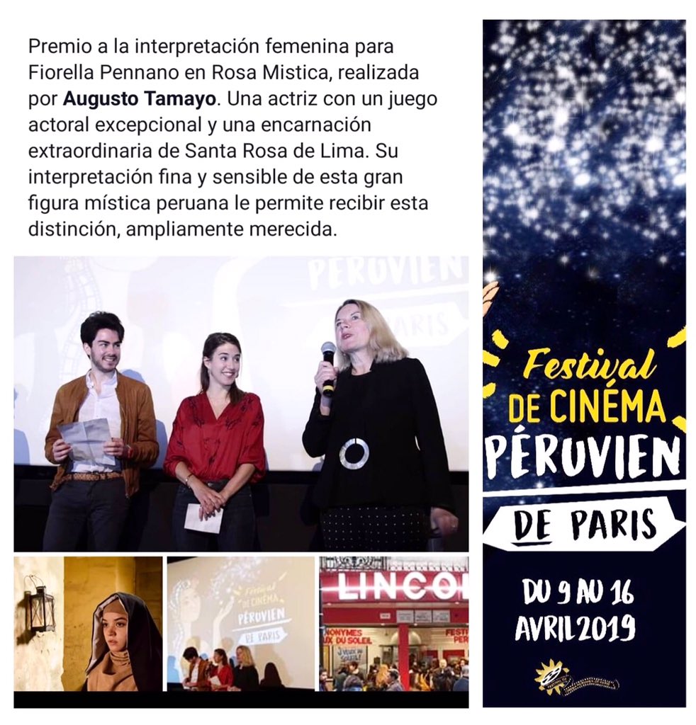 Compartimos con ustedes fotos del momento de la premiacion por parte del jurado a la actriz Fiorella Pennano  (@pennanito) como mejor interpretación por su rol protagonico en Rosa Mística 🌹🌹🌹#cinémapéruvien #RosaMistica #CinePeruano #Paris  #FestivaldeCine  #SantaRosadeLima